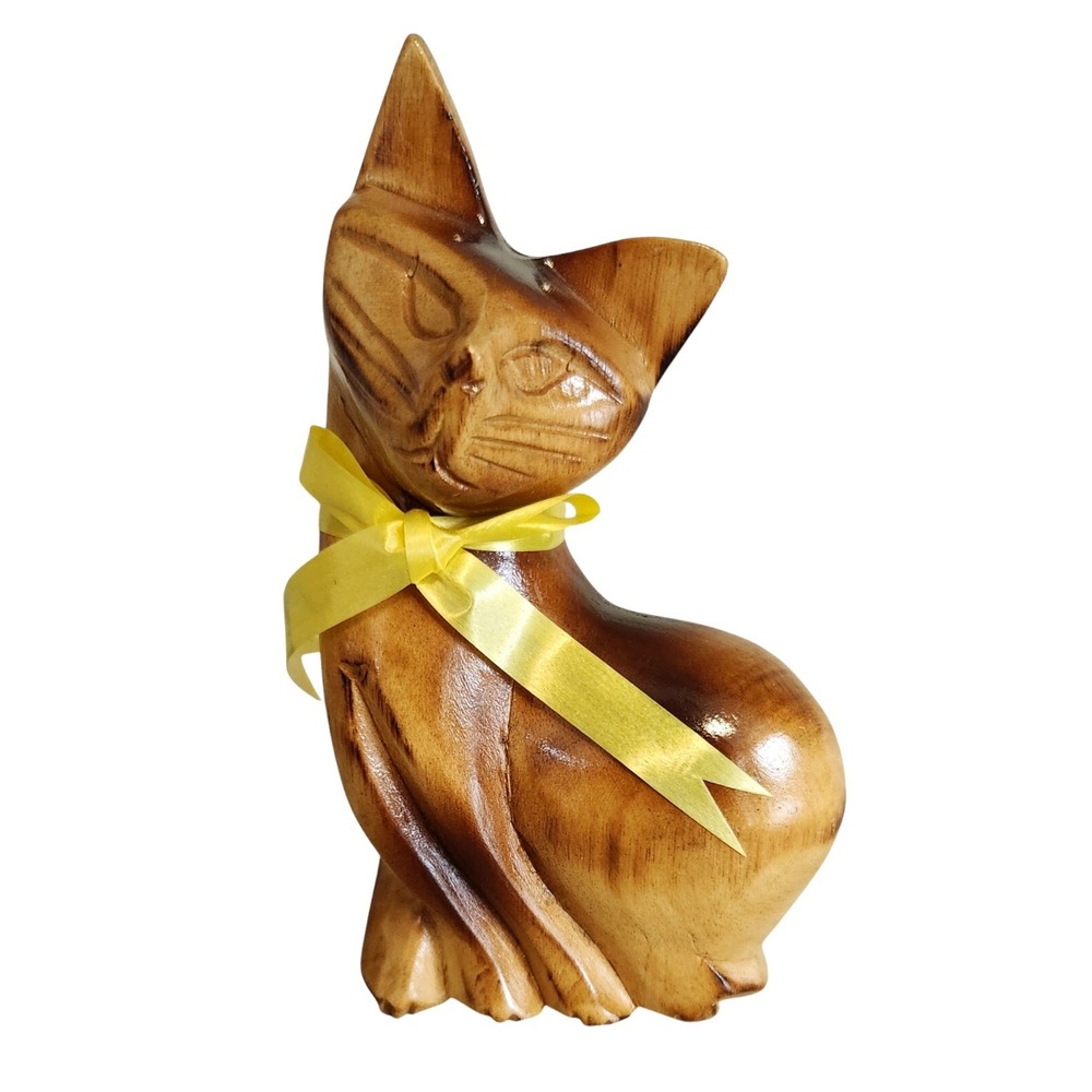 Vintage Mid Century Two-tone Hand-carved Wooden Siamese Cat‎ Figurine Statue MCM
